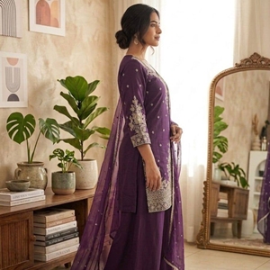 Conjunto de Kurta y Palazzo de Seda Romana Bordada con Lentejuelas y Dupatta Nazmeen para Mujer, Ropa Étnica Festiva - Product Image 2