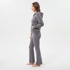 Conjunto de chándal de invierno para mujer con pedrería, sudadera con capucha de canalé con cremallera y estampado de puntos grises, pantalones de chándal acampanados, ropa informal a juego a la moda - Product Image 3