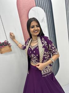 Purple Embroidered Lehenga Set Women Crop <b>Top</b> Blouse Jacket <b>Net</b> Skirt Wedding Party Outfit India Pakistan - Product Image 2