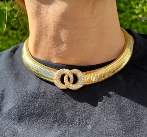 Luxury Vintage Women's 18K Gold Plated <b>Snake</b> Chain Choker Necklace with Pav Diamond Double <b>Ring</b> Clasp - Product Image 3