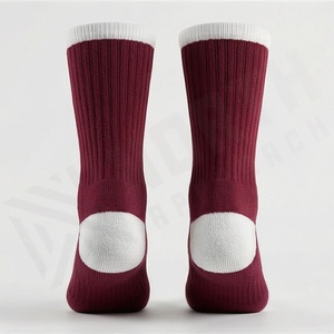 Maroon Crew <b>Socks</b> With White Trim Breathable Knitted Solid Color For Daily Casual Wear Adults Standard Thickness - Product Image 2