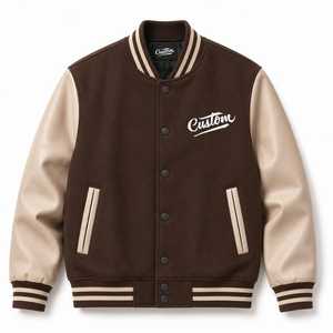 Veste universitaire personnalisée pour homme, marron beige, avec lettres brodées sur le devant, col rabattu, décontractée, en laine/polyester, coupe-vent pour l'hiver - Product Image 2