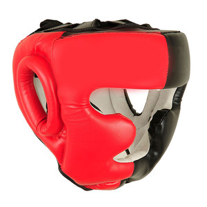 Red PU Leather Striped Design <b>Boxing</b> Head Guard with Buckle Closure and Clear Visor for Adults Unisex Universal Use - Product Image 1