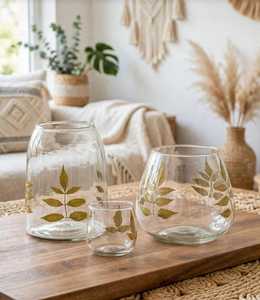 Portavelas de Vidrio Borosilicato Transparente con Diseño de Hojas Doradas, Portavelas Redondo para Decoración del Hogar - Product Image 1