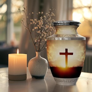 Christian Cross Memorial Cremation Urn For Human Ashes Decorative Metal Funeral <b>Keepsake</b> With Velvet Bag - Product Image 2