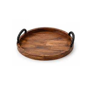 Plateau de rangement rond en bois avec poignées noires, finition vernie, design minimaliste pour utilisation sur table, à un seul niveau, 23x21cm - Product Image 1