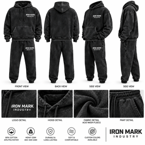 IRON MARK INDUSTRY Survêtement à capuche noir pour homme, couleur unie, en molleton délavé, coupe décontractée, doux et confortable - Product Image 1