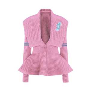 Pull-over en maille rose à col peplum pour femme, style varsity, manches longues, boutons sur le devant, logo, élégant et décontracté, Jack and Jill Winter - Product Image 1
