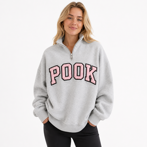 Sweat-shirt gris pour femme à col zippé, avec lettrage Gingham rose, pull en molleton surdimensionné, logo sur le devant - Product Image 4