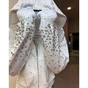 Custom Winter Plain Dyed Rhinestone Diamond <b>Zip</b> Up Hoodie Unisex Bling Crystal Hip Hop Streetwear Tracksuit Style OEM - Product Image 2