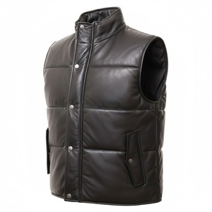 เสื้อกั๊กหนังสีดำสำหรับผู้ชายเสื้อกั๊กลำลองหนังแท้คุณภาพดีอินเทรนด์ - Product Image 1