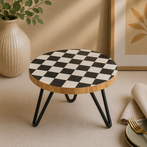 Wooden Cake Stand Round Dessert Display Rack Geometric Pattern Metal Legs Suitable for Party Wedding bakeries, cafés, restaurant - Product Image 2