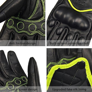 Gants de course en cuir à doigts entiers, noirs avec surpiqûres vert lime, sangle de poignet réglable, unisexe, pour la conduite et l'usage en extérieur - Product Image 2