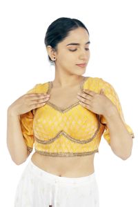 Blusa Corta de Seda 100% Tejida, Bordada en Amarillo, Tradicional, para Mujer, con Estampado, para Fiestas - Product Image 1