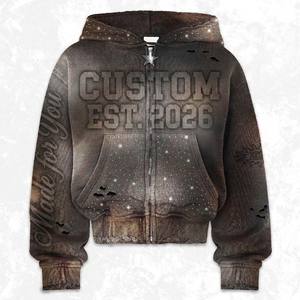 370Gsm Oversized Heavyweight Vintage Sun Faded Zip up <b>Hoodie</b> Distressed Rhinestone Graphic Print Streetwear Men's Hoodies - Product Image 1