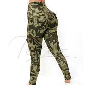 High Waist Camouflage Yoga Leggings With Pockets Full Length Spandex Polyester Four-Way Stretch Pants - Product Image 1