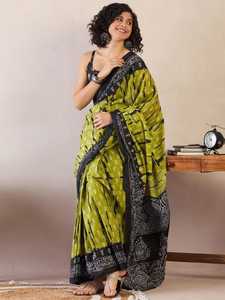 Sari en soie vert et noir imprimé à la main avec bordure contrastante, tenue ethnique indienne traditionnelle pour femme, usage quotidien décontracté - Product Image 3