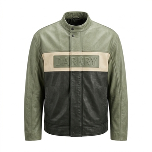 Chaqueta de Cuero Verde Oliva para Motociclista, Diseño Tricolor con Cuello Alto y Cierre de Cremallera, Proveedor Mayorista OEM Personalizado - Product Image 1