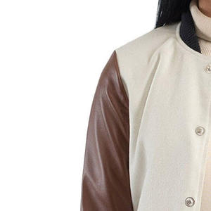 Womens for Varsity <b>Jacket</b> <b>Brown</b> Genuine <b>Leather</b> Sleeves Bomber <b>Jacket</b> Stand Collar Cuffs Snap Button Custom Streetwear Wool - Product Image 6