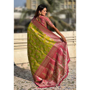 Sari de Seda Suave Banarasi Verde Mehandi con Contraste Jaal y Tejido Zari, Pañuelo Premium Elite Weaves 0.65g - Product Image 5