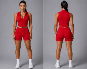 Women <b>2</b> <b>Piece</b> Sports Wear <b>Set</b> Sleeveless Zipper Top High Waist Shorts Solid <b>White</b> Activewear Fitness Outfit Sporty Style - Product Image 3