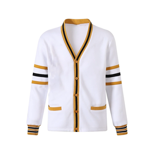 White Gold Black Contrast Top Quality <b>Fleece</b> <b>Cardigan</b> <b>Women</b> Long Sleeve V-Neck Button Front Casual Regular Fit All Seasons - Product Image 1