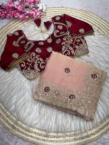 Sari en Chiffon Exclusif de Boutique Indienne, Dernière Collection, avec Blouse de Créateur Fantaisie, Idéal pour les Fêtes, Mariages et Festivals, pour Femme - Product Image 4