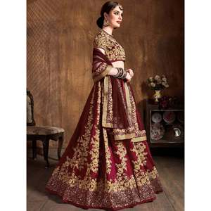 Conjunto de Lehenga Choli de Seda con Bordado Dori Color Granate para Bodas, Talla Grande - Product Image 5