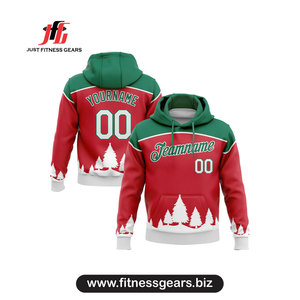 เสื้อฮู้ดฟลีซ JUST FITNESS GEARS แบบสั่งทำพิเศษ สีแดงเขียว พิมพ์ลายต้นคริสต์มาส ผ้าโพลีเอสเตอร์/คอตตอน ซับลิเมชั่น สำหรับทุกเพศ สวมใส่สบาย - Product Image 1