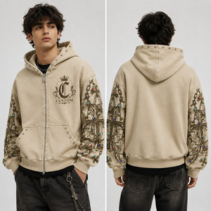 SHH INDUSTRIES Custom Vintage Washed 100% Cotton Hoodie Trendy Digital Embroidery <b>Zip</b> Sweatshirt Rhinestone Detail Street Wear - Product Image 6