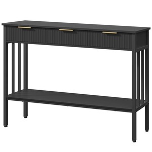 Mesa Consola de Hierro Negro con Cajones, Diseño Frontal Acanalado, Tiradores Dorados, Espejo Convertible, Mueble Moderno para Entrada u Hotel - Product Image 5
