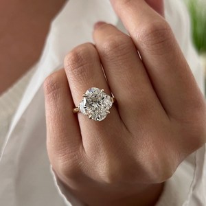 5 Carat Oval Lab Grown Diamond Three Stone Engagement <b>Ring</b> Oval Half <b>Moon</b> Side Stones IGI Certified 14K Yellow Gold Trilogy <b>Ring</b> - Product Image 1