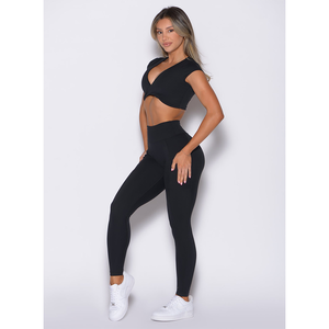 Latest Custom Logo OEM Women's Solid Washed Black <b>Cross</b> Waist Band Leggings Bra 2-Piece Workout Set Breathable Yoga Fitness - Product Image 3