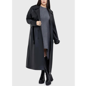 Manteau long noir moderne pour femme, double boutonnage, style gothique, en similicuir, sur mesure, vente en gros 2026 - Product Image 6