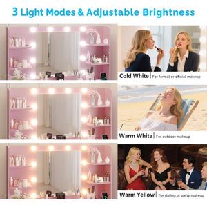 Toeletta con 7 cassetti e 4 ripiani in truciolato rosa, con 10 lampadine a tre tonalità e presa multipla a griglia - Product Image 6