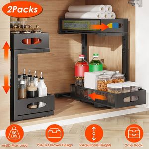 Lot de 2 tiroirs de rangement coulissants à 2 niveaux sous évier, organisateur de placards de cuisine à 5 hauteurs réglables, paniers de rangement - Product Image 3