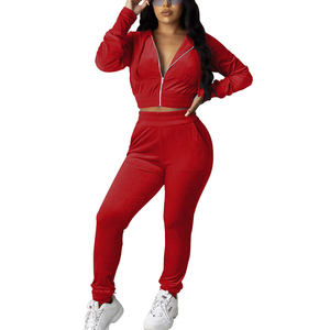 Women <b>Red</b> Cropped Zipper Sweatshirt Set Long Sleeve Knitted Joggers Casual Summer Wear Breathable Solid Color Hooded Full Sleeve - Product Image 1