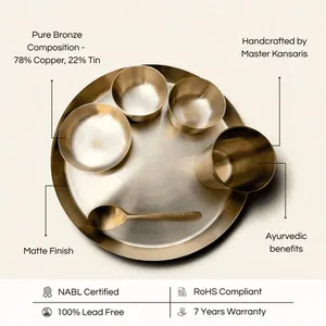 Service de table en bronze traditionnel artisanal Kansa : assiette, bol, cuillère en métal – Écologique, durable, de qualité supérieure – Ustensiles de cuisine indiens - Product Image 5