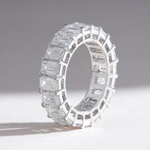 White Gold <b>Emerald</b> Cut Lab Grown Diamond Full Eternity Band with Baguette Cut Side Stones <b>Silver</b> Plated Luxury Women's <b>Ring</b> - Product Image 1