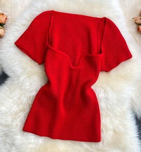 Blouses en tricot décontractées pour femmes, style été, mi-longues, à nœud simple, manches courtes, col carré, couleur unie, hauts de fête - Product Image 3