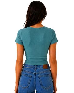 Custom Ocean <b>Blue</b> Women Ribbed Knit <b>Crop</b> <b>Top</b> Short Sleeve Button Front Slim Fit Square Neck Casual Summer Cotton T Shirt Blouse - Product Image 2