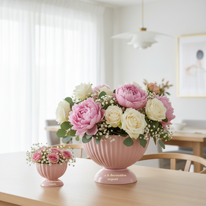 Modern Fluted Urn <b>Vase</b> Elegant Low-Profile Pedestal Planter Wedding Decorative Shabby Chic Floral Bowl for Peonies <b>Roses</b> - Product Image 1