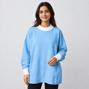 Suéter de cuello simulado personalizado para mujer, ligero, de algodón y forro polar, con bordado, hombros caídos, puños acanalados, mangas largas, OEM ODM de fábrica - Product Image 1