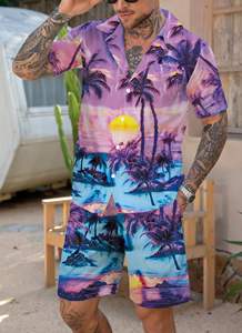 mens purple blue tropical beach sunset palm tree print <b>short</b> <b>sleeve</b> lapel <b>button</b> <b>up</b> <b>shirt</b> matching <b>shorts</b> 2 piece set casual - Product Image 5