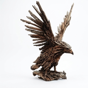 Sculpture d'aigle en bois artisanale, rustique, en teck et bois flotté, avec ailes écartées, pour décoration de sol, articles de décoration. - Product Image 1