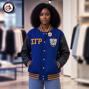 เสื้อแจ็คเก็ตมอเตอร์ไซค์ปักลาย Sigma Gamma Rho Sorority สำหรับผู้หญิง |   เสื้อแจ็คเก็ตแขนหนังบุผ้าขนสัตว์แบบควิลท์ - Product Image 4