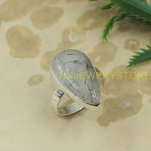 Anillo de Cuarzo Rutilado Negro, Plata de Ley 925, Hecho a Mano, con Gema en Forma de Lágrima, Anillo de Diseño, Regalo de Joyería para Mujer - Product Image 5