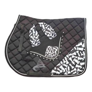 European Horse Black Chess Saddle Pad Matching <b>Bonnets</b> Cotton Fabric Polycotton Black All-Purpose Saddle pad - Product Image 1