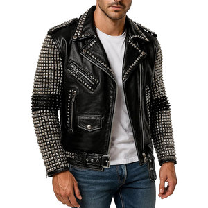 Men's Black PU Leather Motorcycle <b>Jacket</b> Punk Style Rivet Decorated Zipper Closure Turn-down Collar <b>Slim</b> <b>Fit</b> Autumn Wear - Product Image 3