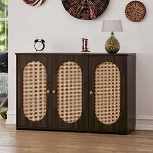 Credenza retrò a 3 ante con ampio spazio contenitivo, ante in rattan sintetico, maniglie in metallo, mobile d'accento per soggiorno - Product Image 1
